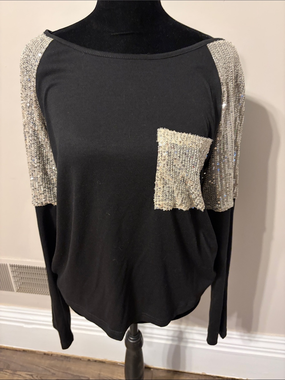 Black Long-Sleeve Top with Silver Sequin Shoulders and Pocket